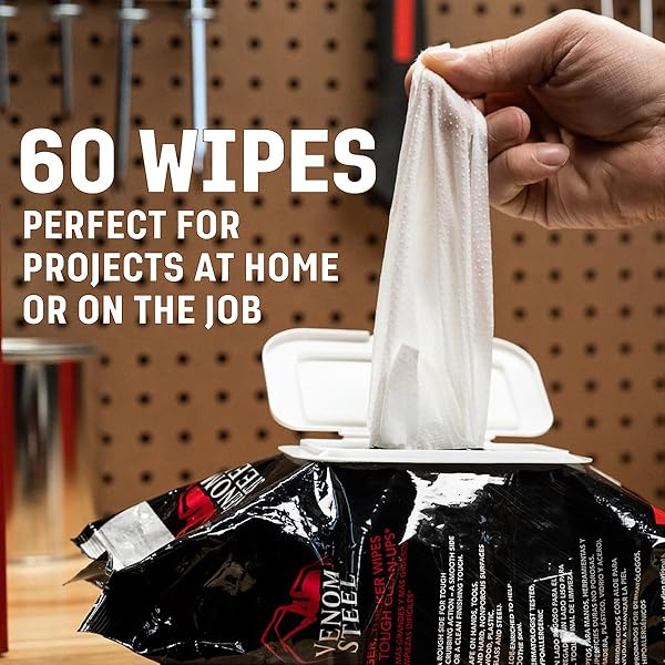 VENOM STEEL WORKSHOP WIPES WITH SCRUBBING BEADS, FOR GREASE, GRIME, OIL, PAINT & CAULK, SAFE ON HANDS, TOOLS, NON POROUS SURFACES & STAINLESS STEEL – LIGHT CITRUS SCENT, 8″ X 12″ CLOTHS, 240 WIPES
