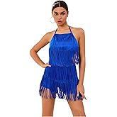 ABAFIP Women Halter Backless Fringe Mini Dress Layered Tassel Cocktail Concert Rave Party Mini Dance Dress