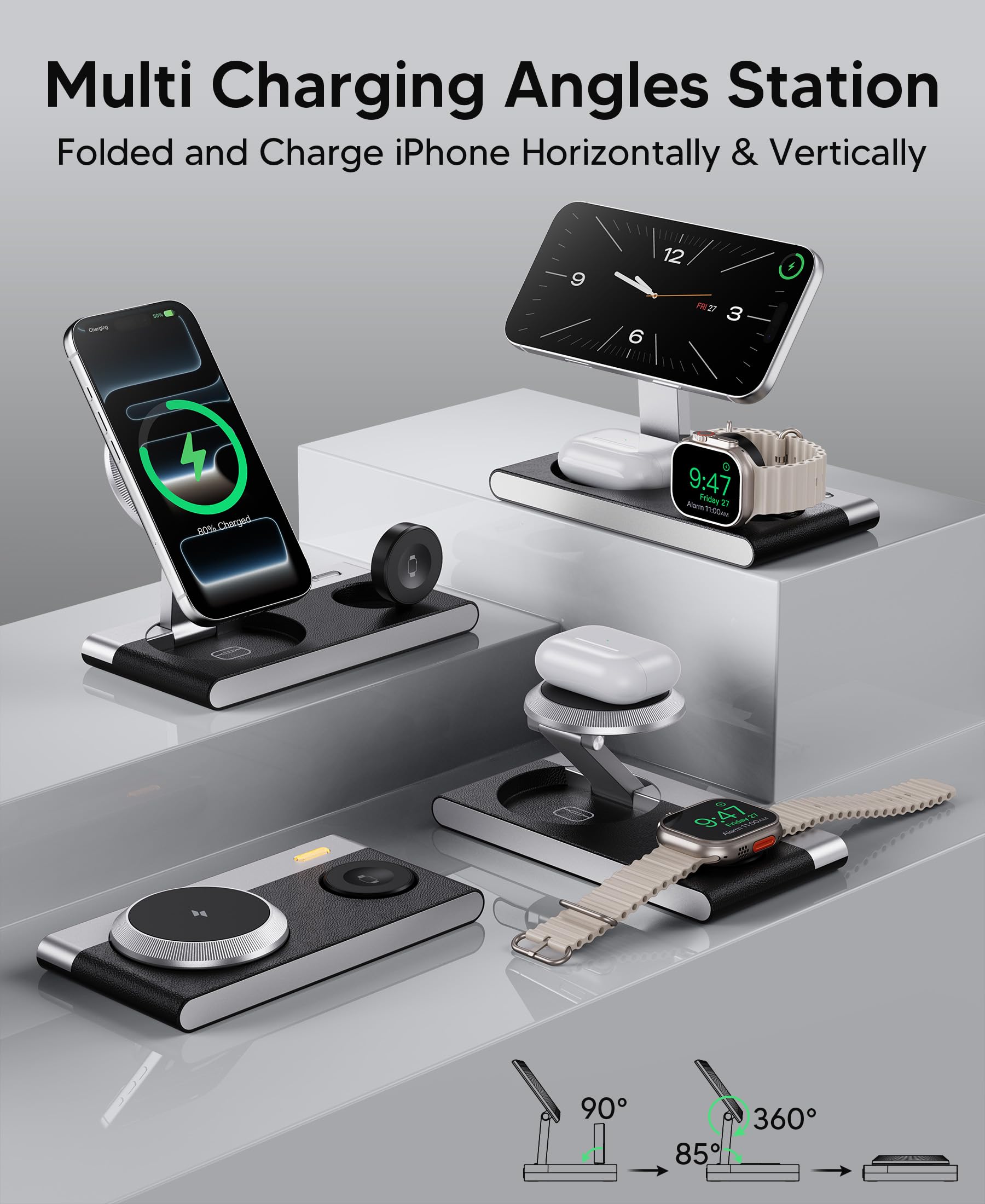 Foldable 3 in 1 Magnetic Wireless Charging Station for Apple Devices, Leather-Like Fast Wireless Charger Dock with Night Light for Magsafe iPhone 17/16/15/14/13/12 Series, Apple Watch, AirPod