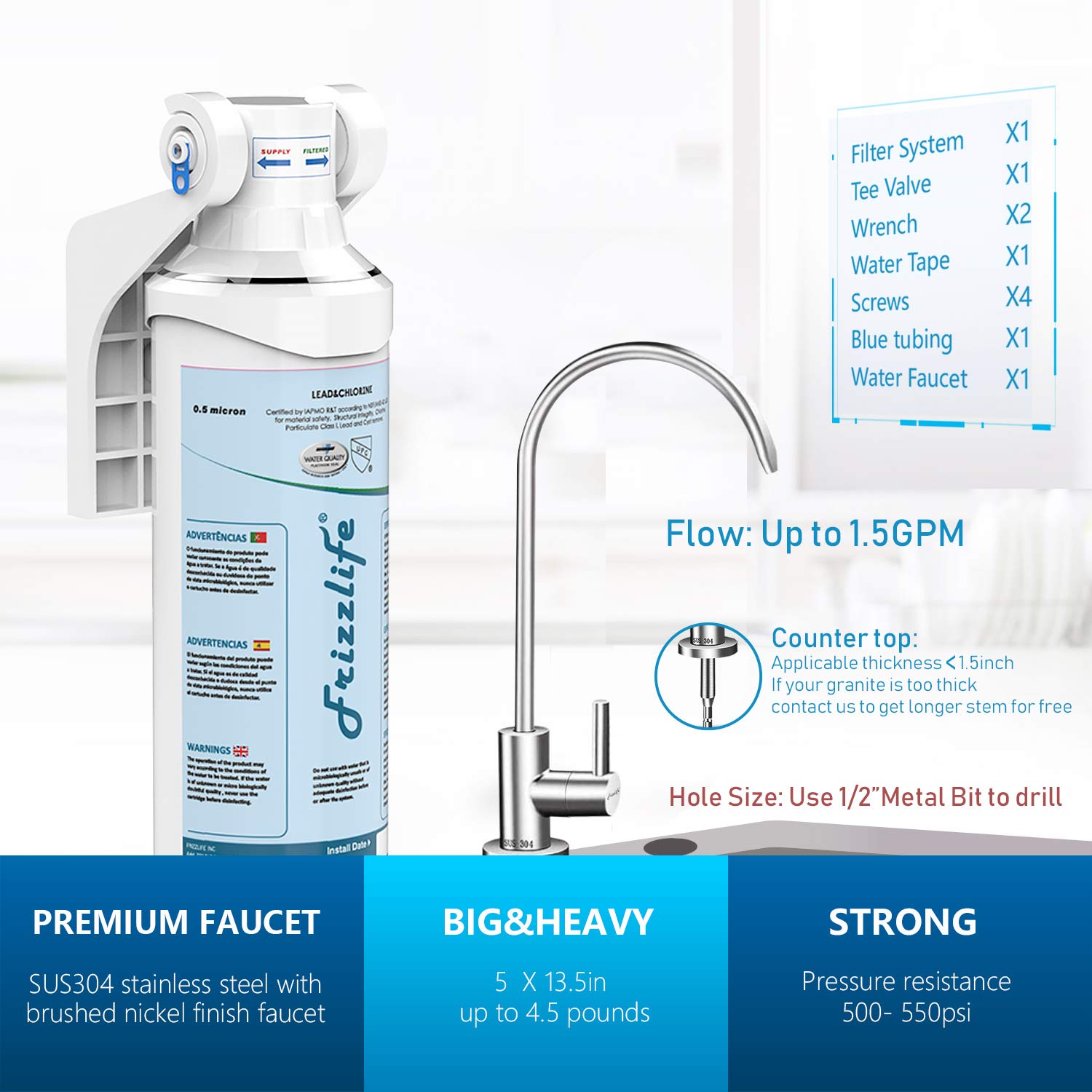 Frizzlife Under Sink Water Filter-Quick Change Under Counter Drinking Water Filtration System-0.5 Micron High Precise Removes 99.99% Lead, Chlorine, Bad Taste & Odor-with Dedicated Faucet.: Industrial & Scientific