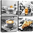 Biufo Kitchen Canvas Wall Art Pictures Black and White Food Bread Print Painting for Bakery Cafe Dining Room Restaurant Wall Decor (16"x16"-4pcs)