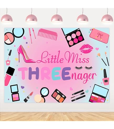 Fotohintergrund "Little Miss Threenager" 2,1x1,5 M - Pink, Für 3. Geburtstag, Make-up & Prinzessin-Party
