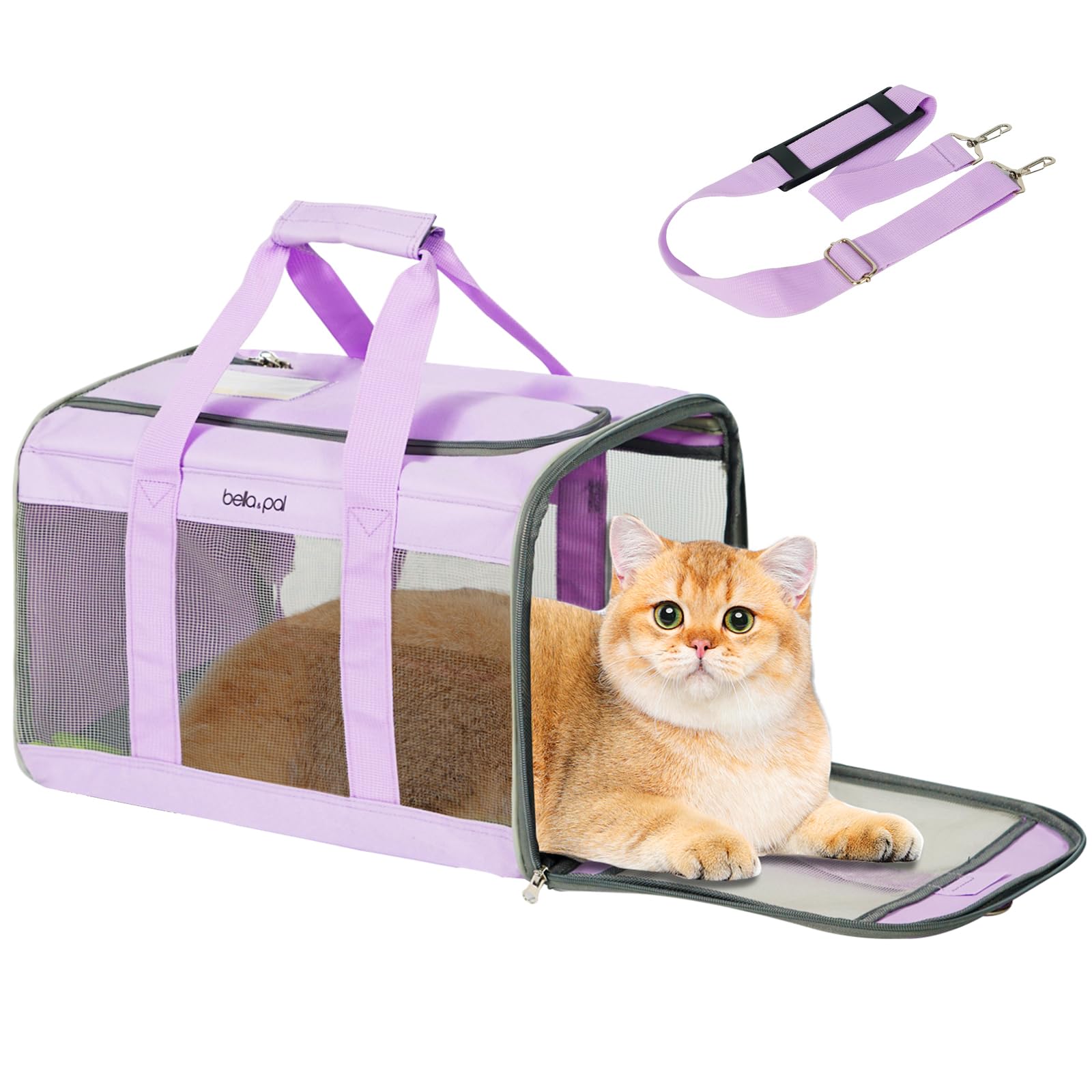BELLA & PAL Cat Carrier, Foldable Pet Travel Carrier for Cats & Puppy, Airline Approved, Scratch-Resistant Mesh | Escape-Proof | Adjustable Shoulder Strap | Removable Mat, M (for Planes, Cars & Vets)