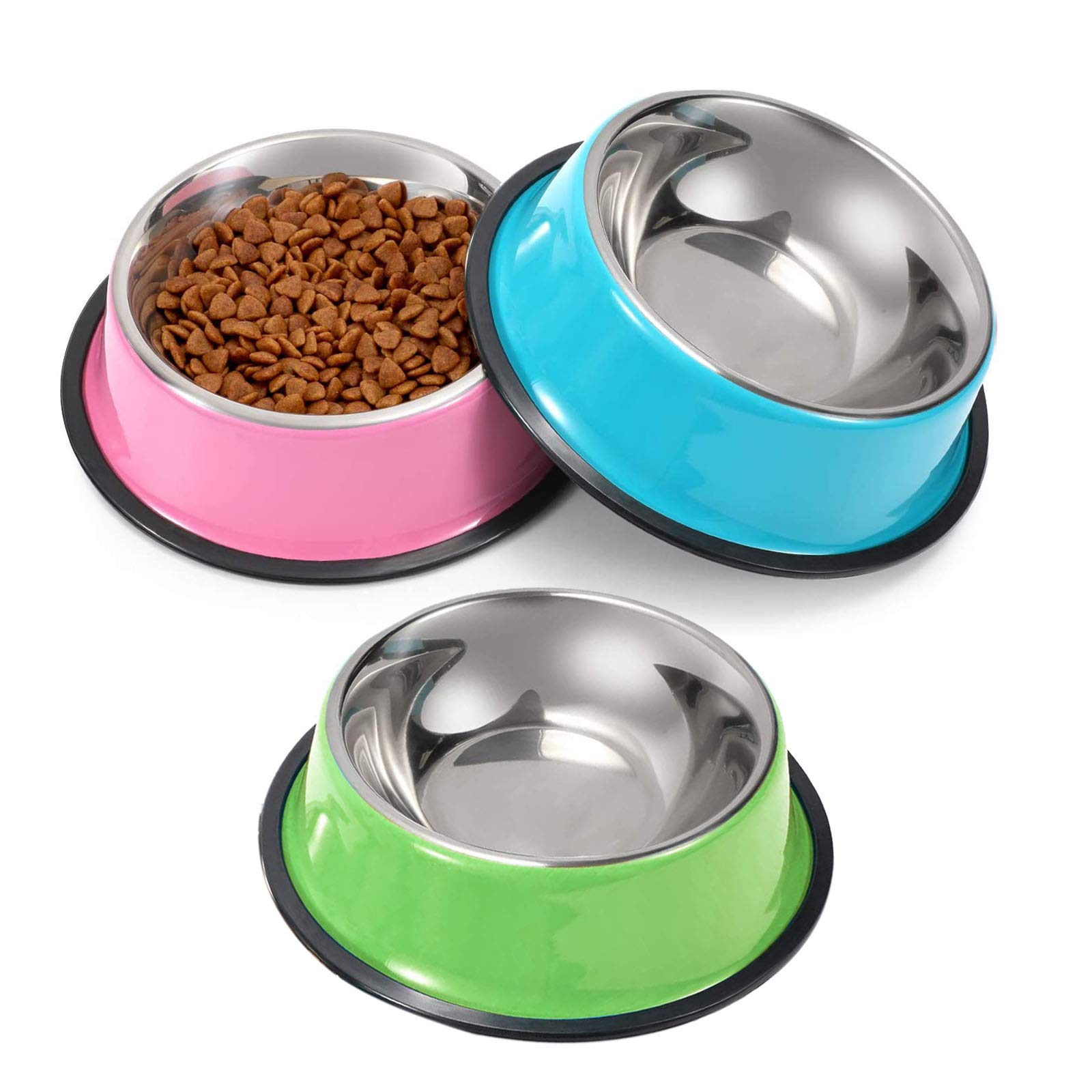 SUOXU Stainless Steel Non-Slip Cat Bowls,Color Multi-purpose Cat Food Bowl Pet Water Bowl Puppy Feeding Bowl, Set of 3 Metal Cat Dog Bowls