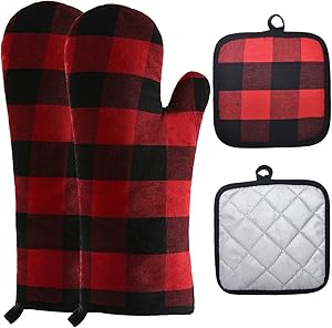 Win Change Oven Mitts and Pot Holders-Oven Mitts and Potholders Soft Cotton Plaid Design Lining Non Slip Oven Mitt Set for Kitchen Cooking Baking Grilling(4-Piece Set,Red/Black)