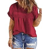 Eytino Womens Plus Size Tops Summer Crewneck Short Sleeve Lace Crochet Loose Casual Chiffon Blouses Shirts,3X Red Dahlia