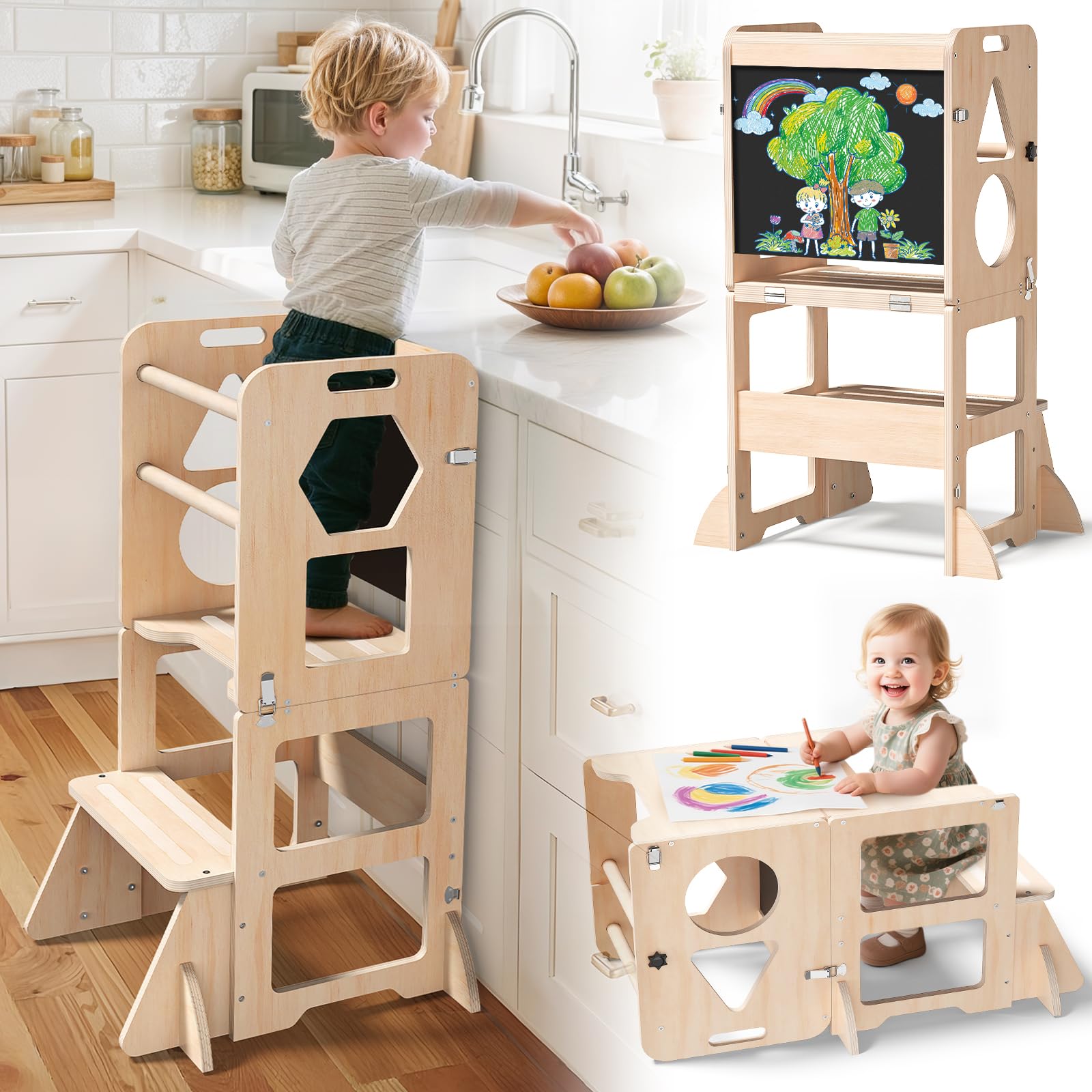 Photo 1 of Woodure 4-in-1 Toddler Kitchen Step Stool, Foldable Learning Standing Tower with Blackboard, Wooden Kitchen Stool Helper for Kids, 1-3 Year Old Boy Girl Gifts
