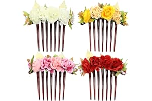 Cinaci 4 Pack Artificial Flower Plastic Hair Side Combs Slides Clips Rose Floral Wedding Bridal Headpieces Hairpins Barrettes Bun Chignon Hair Accessories for Women Flower Girls Brides Bridesmaids