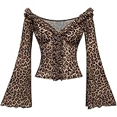 Floerns Women's Y2k Cheetah Print T Shirts Ruffle Deep V Neck Bell Sleeve Fitted Crop Tops