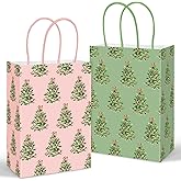 JarThenaAMCS 24Pcs Christmas Paper Gift Bags with Handles Pink Green Xmas Tree Party Favor Bags Candy Goodie Treat Bag for Holiday Birthday Party Supplies