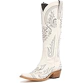 Western Cowboy Boots for Women Embroidered Rhinestones Knee High Cowgirl Boots Pointed Toe Chunky Heel Fashion Retro Classic Tall Boot
