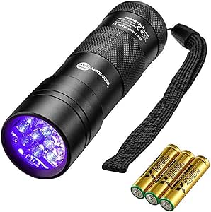 TaoTronics - Linterna ultravioleta ultravioleta de luz negra, 12 LED 395 nm, 3 pilas AAA gratis, detector para mascotas secas, orina y manchas y chinches.: Amazon.es: Deportes y aire libre