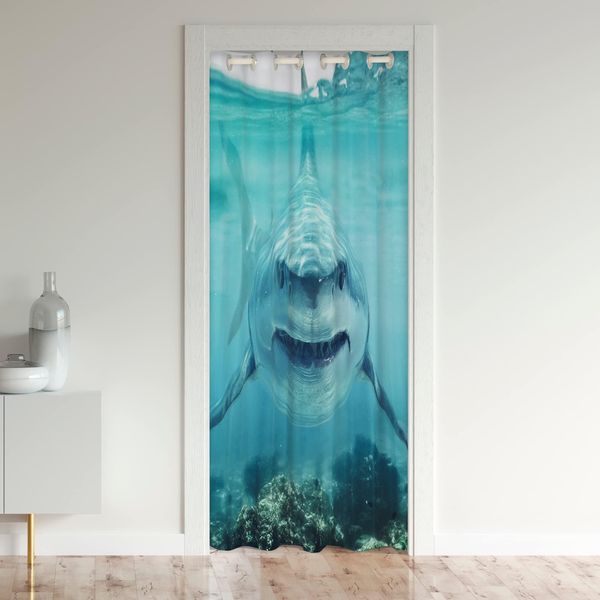 Loussiesd Shark Door Curtain for Doorway Privacy 86x203cm 1 Panel Ocean Sea Animal Room Divider Curtain Cover Sea Underwater World Marine Theme Blue Window Treatments