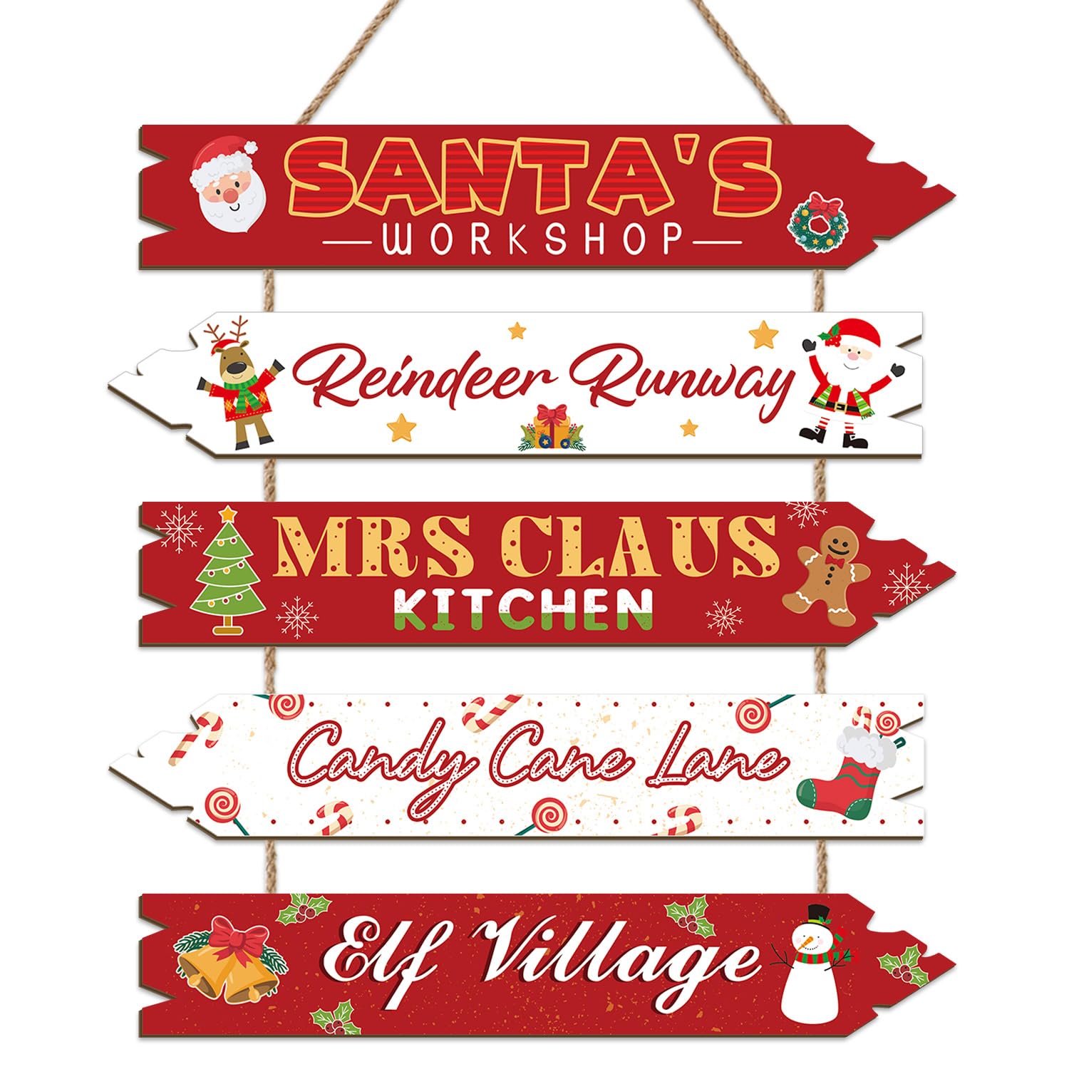 HPNIUB Merry Christmas Indoor Outdoor Decorations,Hanging Christmas Elk Sign,Xmas Door Decor,Xmas Winter Farmhouse Hanging Plaque for Porch Front Outdoor Home Decor (5 Pcs Santa's Workshop)