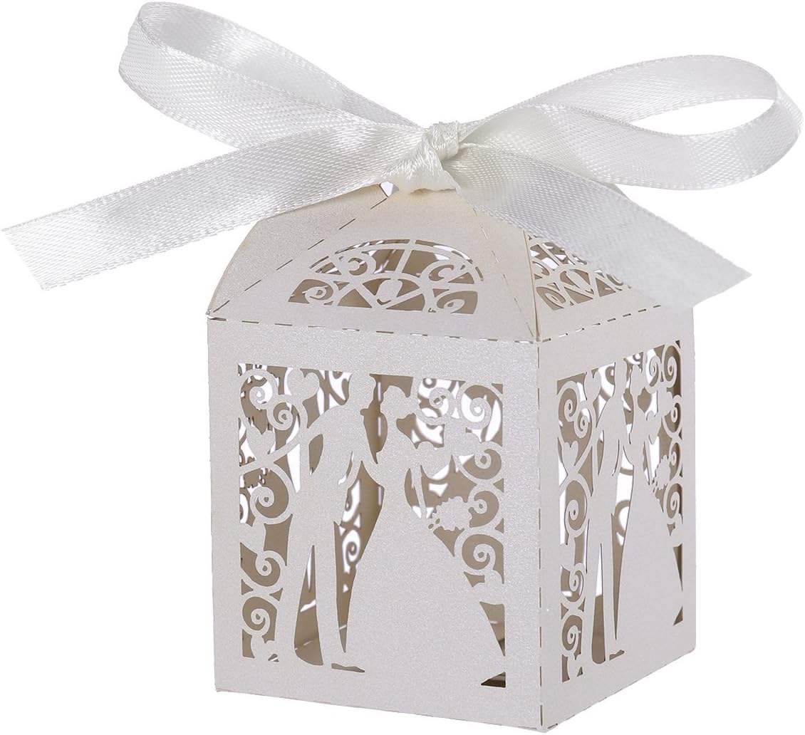 Amazon Com Tinksky Wedding Candy Boxes Couple Design Luxury Lase Cut Party Wedding Favor Ribbon Candy Boxes Gift Box Table Decorations 100pcs White Home Improvement