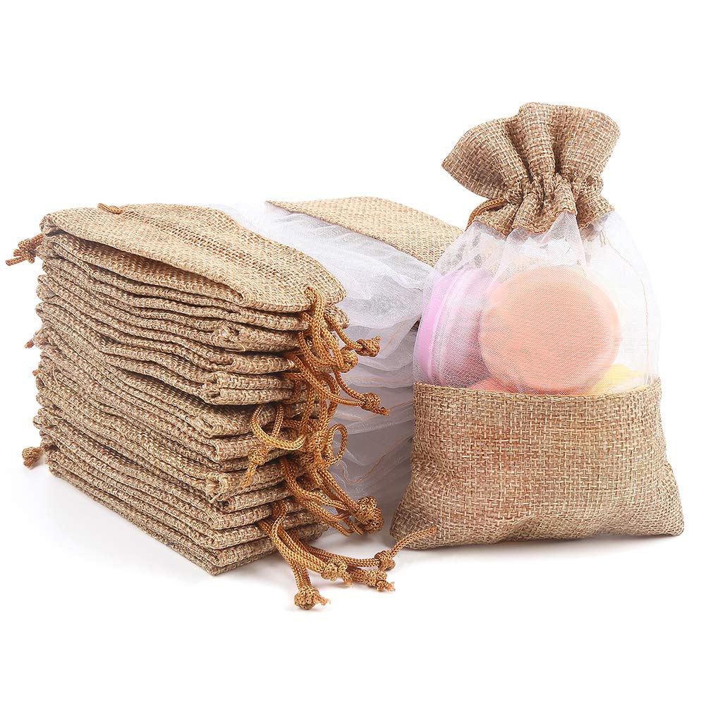 Photo 1 of CCINEE 24PCS Burlap Drawstring Gift Bag, Mesh See Through Gift Bags With drawstring 4x6 Inch Organza Treat Pouch for Jewelry Wedding Baby Shower Easter Soap Party Favor