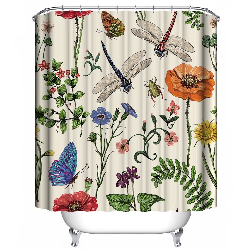 Spring Dragonfly Floral Shower Curtain, Colorful Wildflowers Plant Dragonfly Butterfly Nature Landscape Bathroom Decor with Hooks, 180 x 180 cm