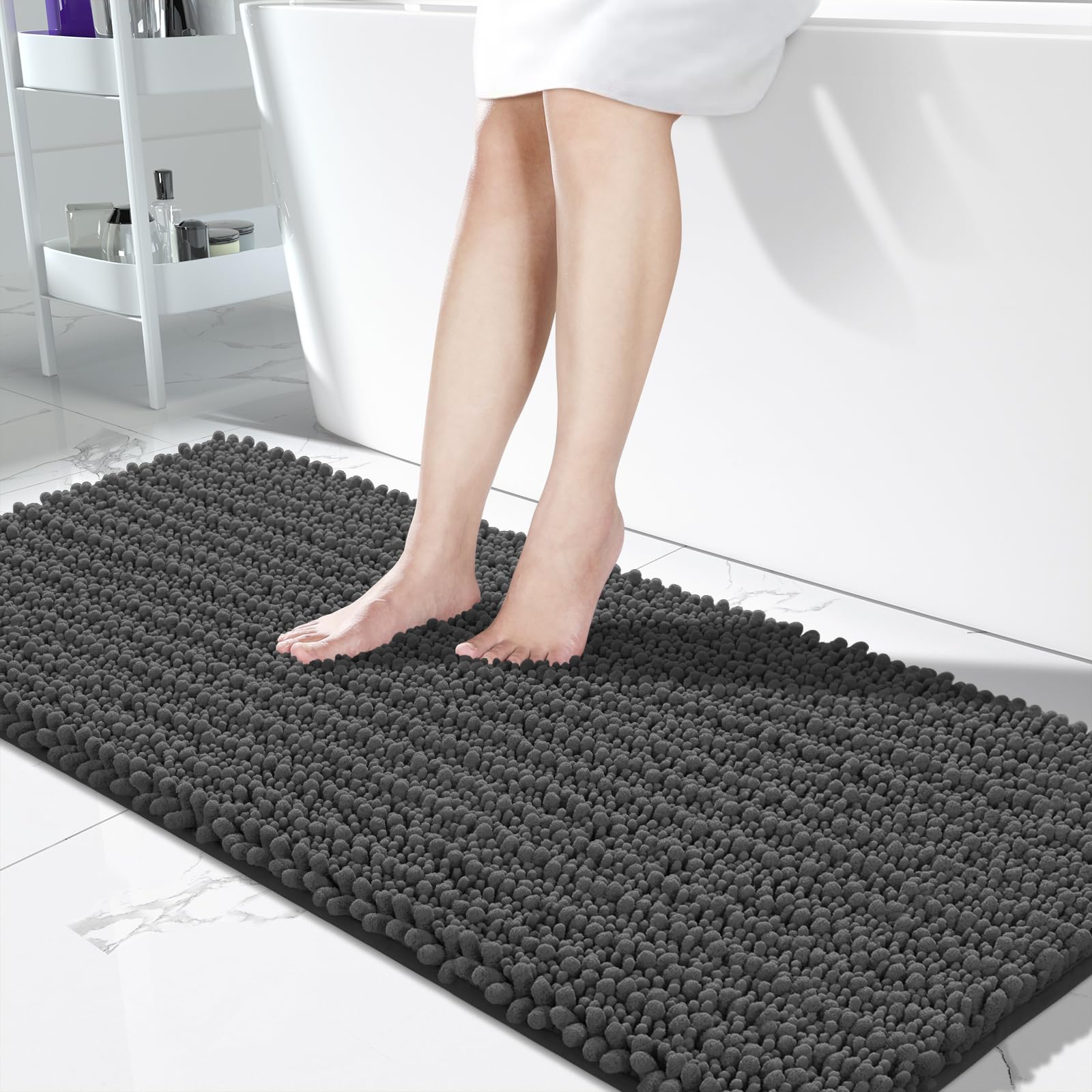 Photo 1 of Yimobra Bathroom Runner Rug 60x24 Inch - Extra Long Non Slip Chenille Bath Mat, Soft & Absorbent, Machine Washable Shaggy Hallway Carpet for Vanity Tub Shower, Dark Gray Home Decor Accessories
