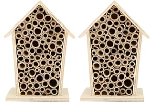 Restokki Native Hive Wooden Bee House, Natural Handmade Wooden Bee Box Habitat with Bamboo Tubes,Insect House Shelter for Attracting Peaceful Bee Pollinators (2PCS)