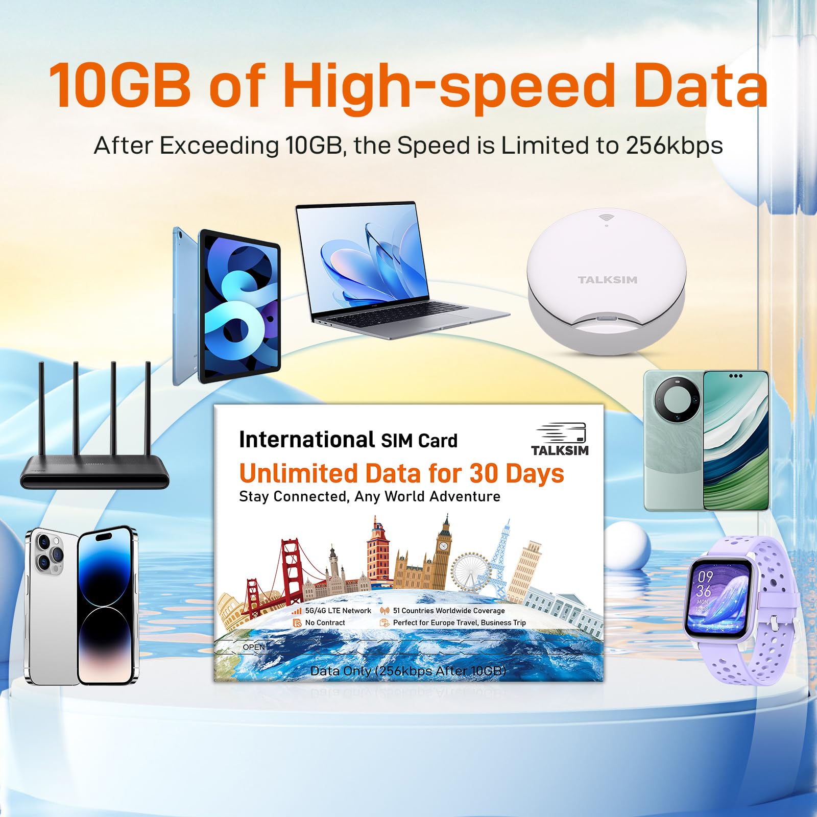 International Unlimited Data SIM Card 30 Days, 5G 4G LTE High Speed 10GB Data (After 256Kbps) for 51 Countries USA, UK, Europe, Asia, Oceania, for Unlocked WiFi Mobile Hotspot/Phones, No Contract
