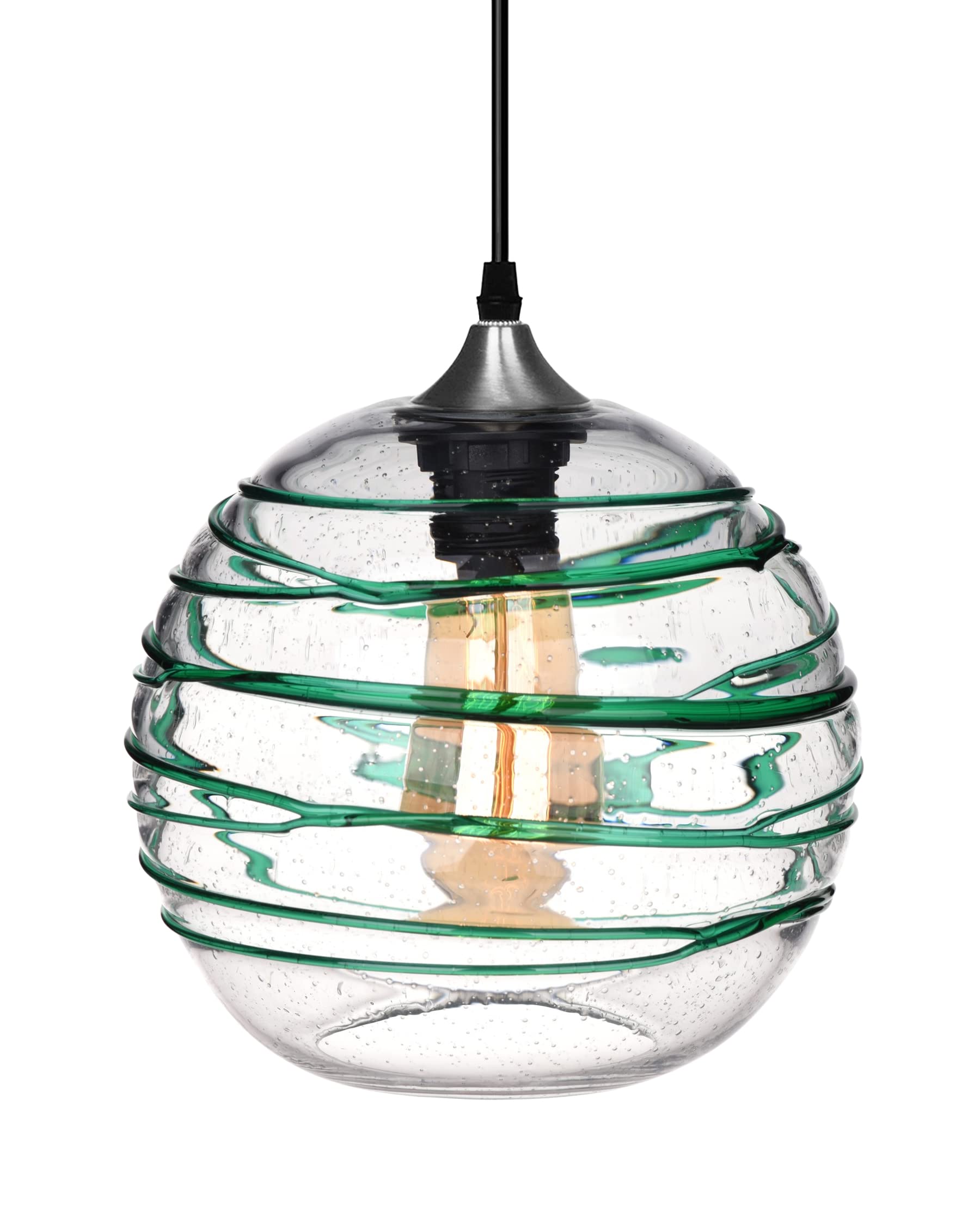 Photo 1 of ARIAMOTION Pendant Lights Kitchen Island Glass Coastal Lighting Green Stripe Seeded Modern Style Light Fixtures Beach House Dinning Room Table Hand Blown Art Globe Lamp 9 Inch Diameter