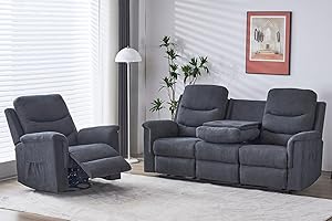 Consofa Modern Grey 2 Piece Sofa Set, Manual Reclining Sofa with Storage Console & Swivel Rocker Recliner Chair, 36'' Seat Depth, 660lbs Weight Capacity, Sofa for Living Room Furniture