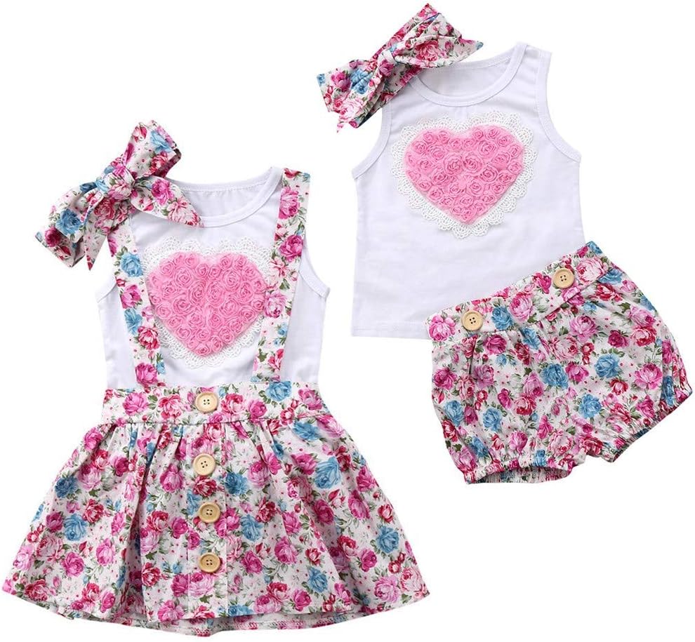 Baby Girls Big Little Sister Matching Heart Vest + Headband + Floral Suspender Skirt Summer Outfits