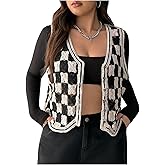 WDIRARA Women's Plus Size Checkered Plaid Crochet Button Down V Neck Sleeveless Knit Sweater Vest