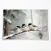 Vintage Peaceful Winter Nature Wall Art Chickadees Poster Winter Bird Pictures Canvas Print Classic Holiday Scenes Christmas Decor 12x18inch Unframed