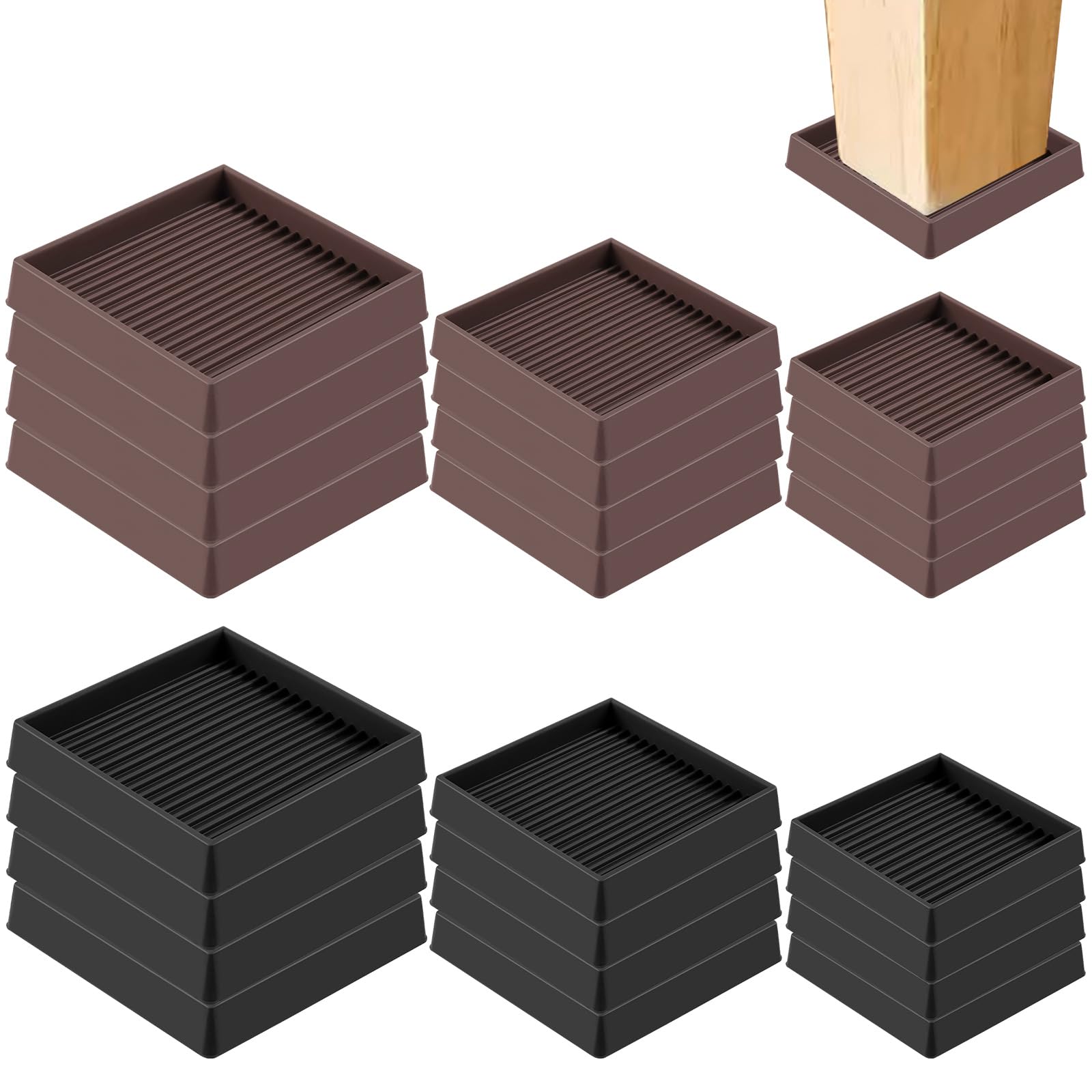 Swpeet 4Pcs 2" x 2" Square Brown Rubber Anti Skid Caster Cups Non Slip Furniture Pads Kit, Anti-Slip Gripper, Anti Skid Furniture Feet Anti Slide Floor Stoppers for Bed Couch Table Chair Stoppers