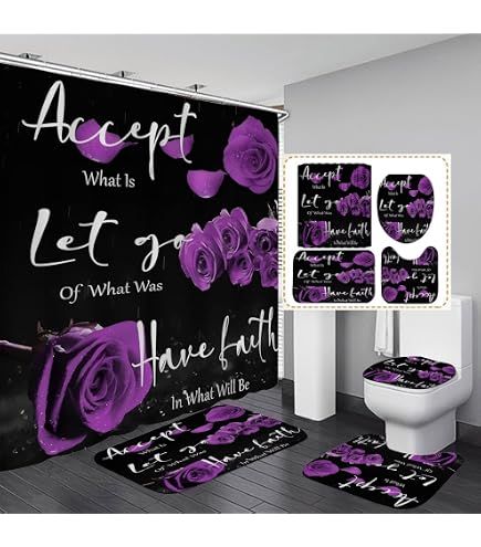 NTETSN Purple Rose Shower Curtain Set - 4 Pc With Rugs, Mat & Lid Cover, 72x72 Inches - View #11