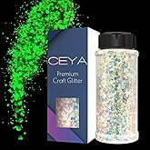 Ceya Glow in The Dark Glitter, 3.3oz/ 95g White Luminous Chunky Glitter Mix Fine Powder Flakes Fluorescent Nail Sequins for Epoxy Resin, Tumblers, Halloween Party, Festival Decor