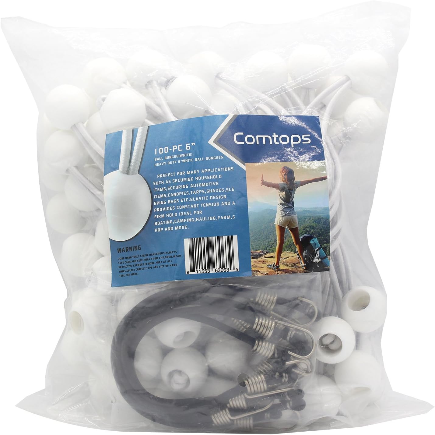 Comtops Heavy Duty 6" 100 PC Ball Bungee Canopy Tarp Tie Down Cord White Color Bonus 6 PK Mini Bungee Cord - - 