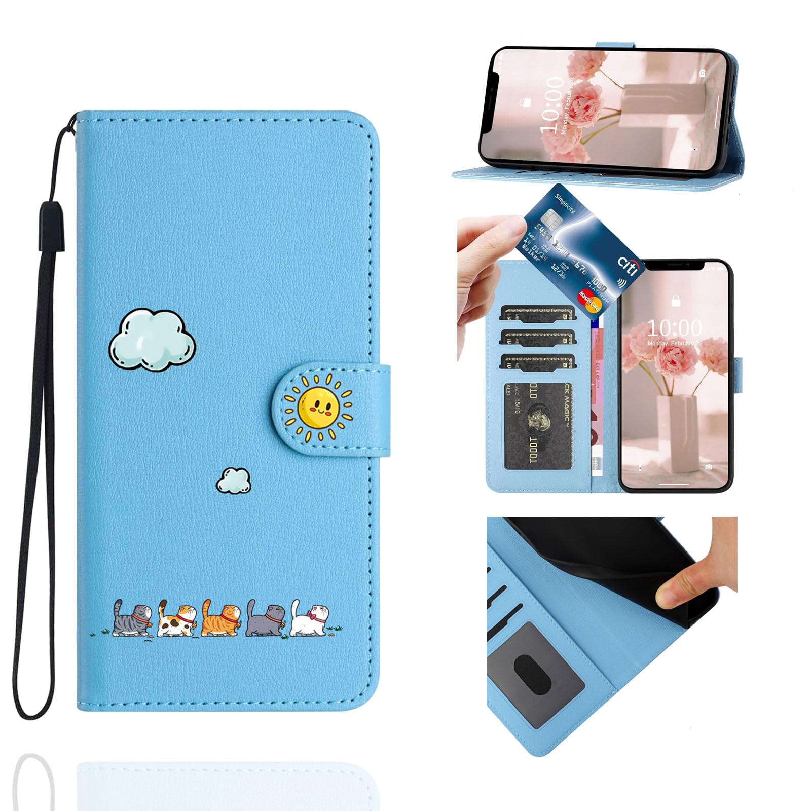 Jeffene for iPhone 13 Pro Max (6.7 inch) Case,PU Leather Flip Wallet Cover with [Kickstand][TPU Inner Shell][Card Holder],Blue&Cat