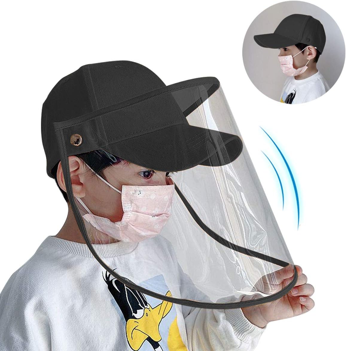 Baseball Cap With Face Protection - Full Face Protective Hat, Unisex Cap with Removable Visor Mask Dustproof for Man/Women/Kids 2020 Newest (Kid-black)