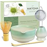Matcha Whisk Set, Ceramic Matcha Bowl with Spout, Bamboo Whisk, Traditional Scoop, Chasen Holder, Powder Sifter, Japanese Tea Making Kit for Matcha Lovers Beginners Birthday Christmas Gift