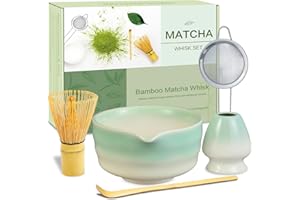 COLLABELL Matcha Whisk Set, Ceramic Matcha Bowl with Spout, Bamboo Whisk, Traditional Scoop, Chasen Holder, Powder Sifter, Japanese Tea Making Kit for Matcha Lovers Beginners Birthday Christmas Gift