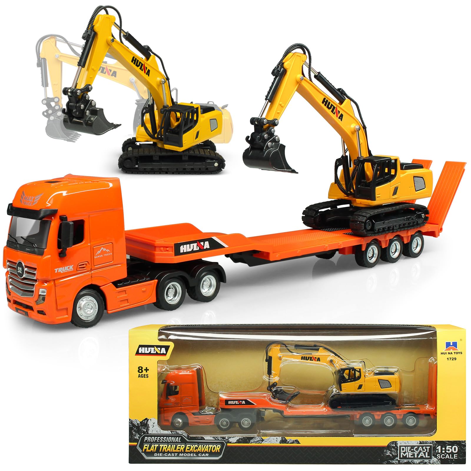 HUGMIE Kids Toys,1:50 Metal Truck with Digger,Construction Toys Vehicles,Boys Toys Tractor,Transporter Truck for Boys 35.5 x 5 x 6.5 cm
