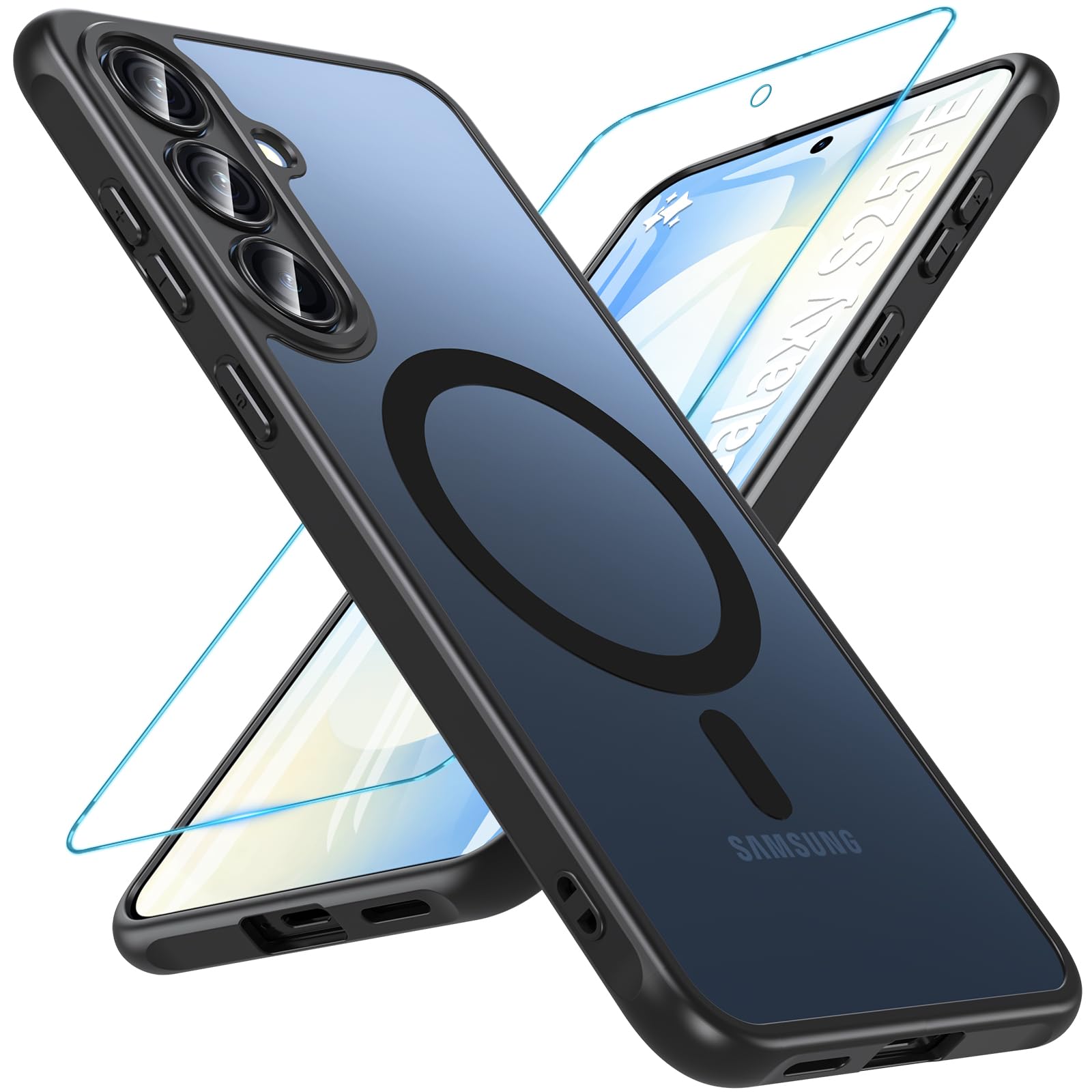 Photo 1 of OWKEY for Samsung Galaxy S25 FE Case 6.7'', Magnetic Galaxy S25 FE Case for Magsafe with Tempered Screen Protector [Shockproof Military] Translucent Matte Bumper Phone Cover Samsung S25 FE 5G, Black