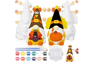 Hollowfly 2 Pack Fall Ready to Paint Your Own Gnome Statues 4" Thanksgiving Turkey Gnomes Blank Pumpkin Unpainted Ceramics Figurines Craft DIY Art with Brush Palette Paint for Adults