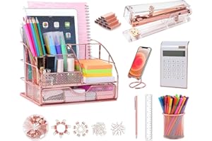 yuun Desk Organizers and Accessories 9PS Set, Office Organizer and Supplies for Women Storage with Acrylic Stapler, Clips Set, Pen Holder, Phone Stand, Ruler, 1 Pen and Staples etc