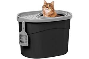 IRIS USA Cat Litter Box, Large Top Entry with Litter Catching Lid and Scoop, Dog Proof, Enclosed Cat Litter Box, Black/Gray