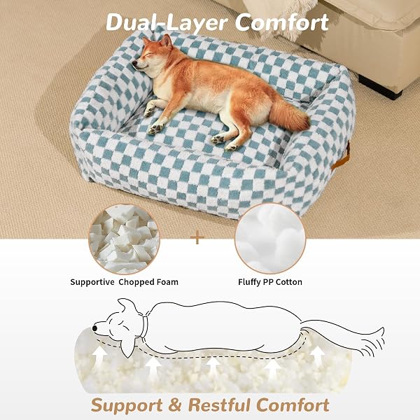 NXWJOY CUTE DOG BED FOR SMALL MEDIUM DOGS – WASHABLE RECTANGLE PET BED WITH REMOVABLE COVER AND NONSKID BOTTOM, CUTE CALMING PUPPY BED SOFT PET SOFA, BLUE GRID, 28X24X7IN