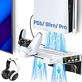 PS5 Wall Mount Kit with Cooling Fan & Controller Charging Station, PS5 Floating Shelf for PS5/Slim/Pro Disc & Digital Console, Mountable Behind PC Monitor for PS5 Accessories, Sega Genesis Consoles
