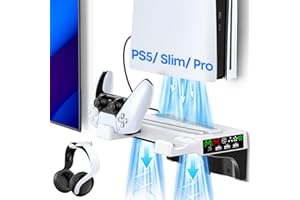 KOSKER P5 Wall Mount with Cooling Fan & Controller Charging Station, P5 Floating Shelf Mount for PS5/Slim/Pro Disc & Digital Consoles, Mountable Behind PC Monitor for Play Station 5 Accessories