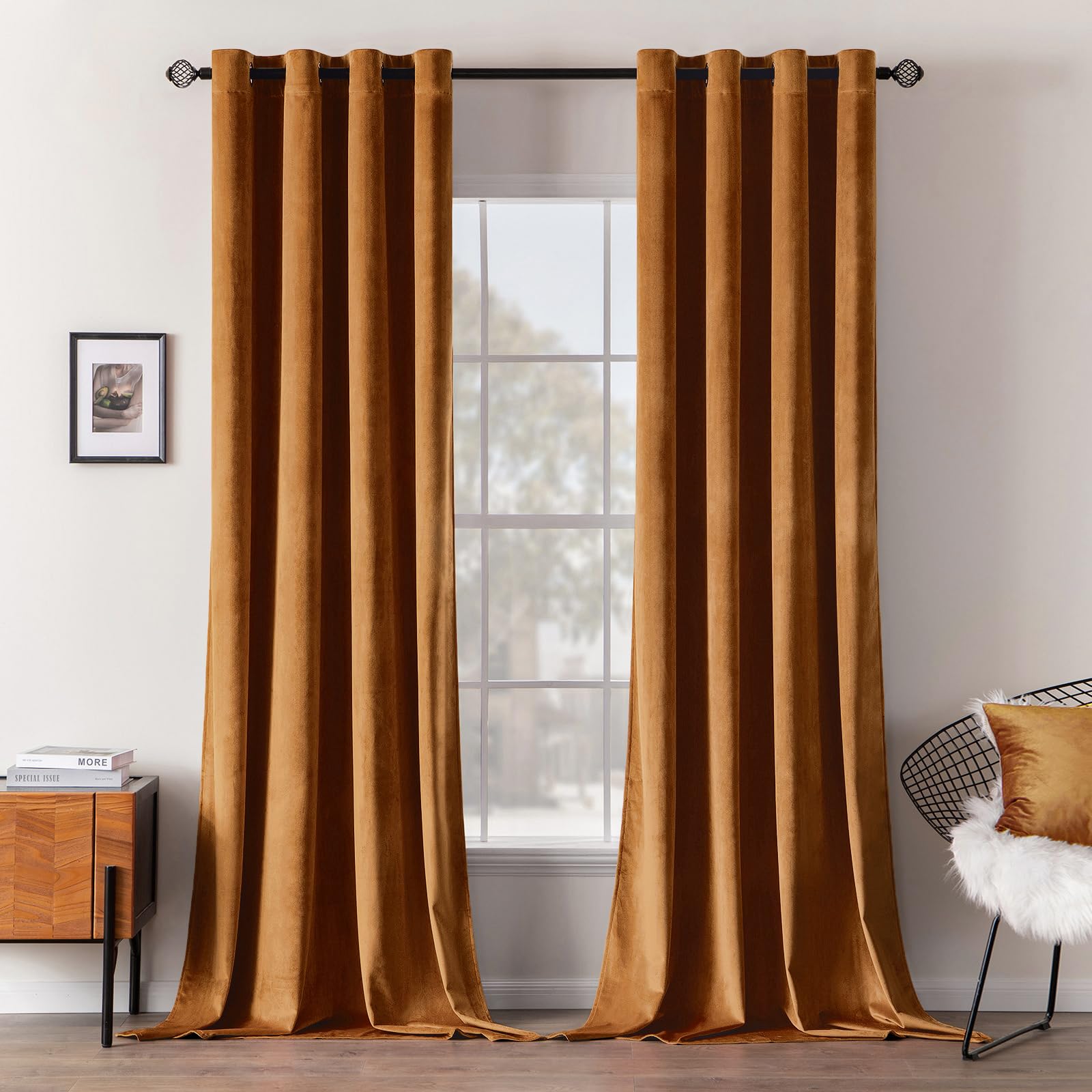 Photo 1 of MIULEE Velvet Curtains Gold Brown Elegant Long Grommet Curtains Black Out Thermal Insulated Soundproof Room Darkening Drapes for Fall Living Room Bedroom 52 x 96 Inch Length Set of 2, Pumpkin Brown