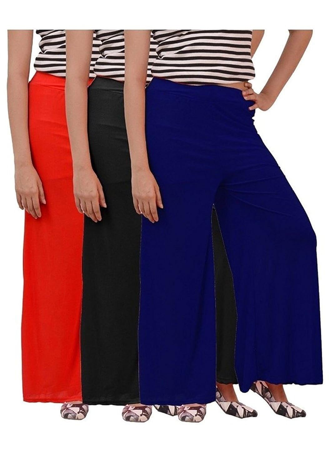 k's creations cotton silk lycra (malai) palazzo ( pack of 3_black_blue_red )