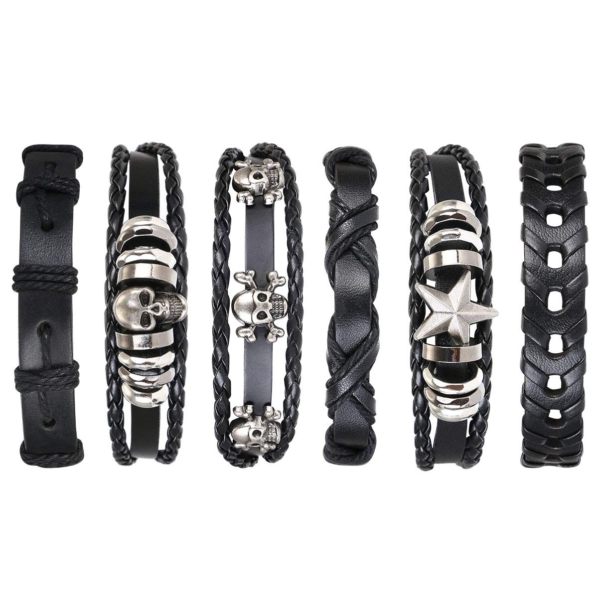 flintronic Leather Bracelet, 6Pcs Adjustable Fashion Punk Braided Men & Women Rope Bracelet Cuff Vintage Bracelets Wrap Set Series — image 1