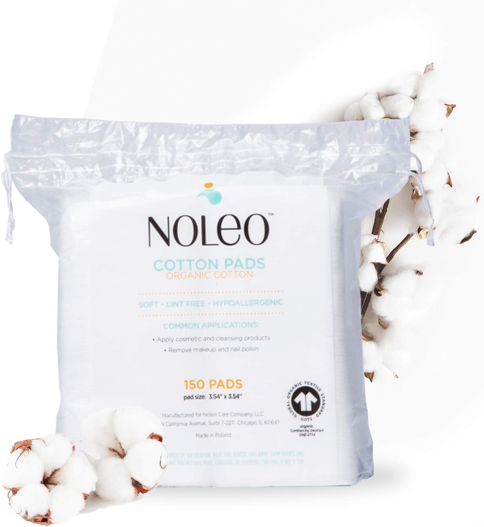 NOLEO Pure Organic Cotton Pads for Face (150 Count) - Lint Free Large Biodegradable Hypoallergenic Makeup Remover Pads for Sensitive Skin - Beauty Personal Care Diaper Change Dry Wipes