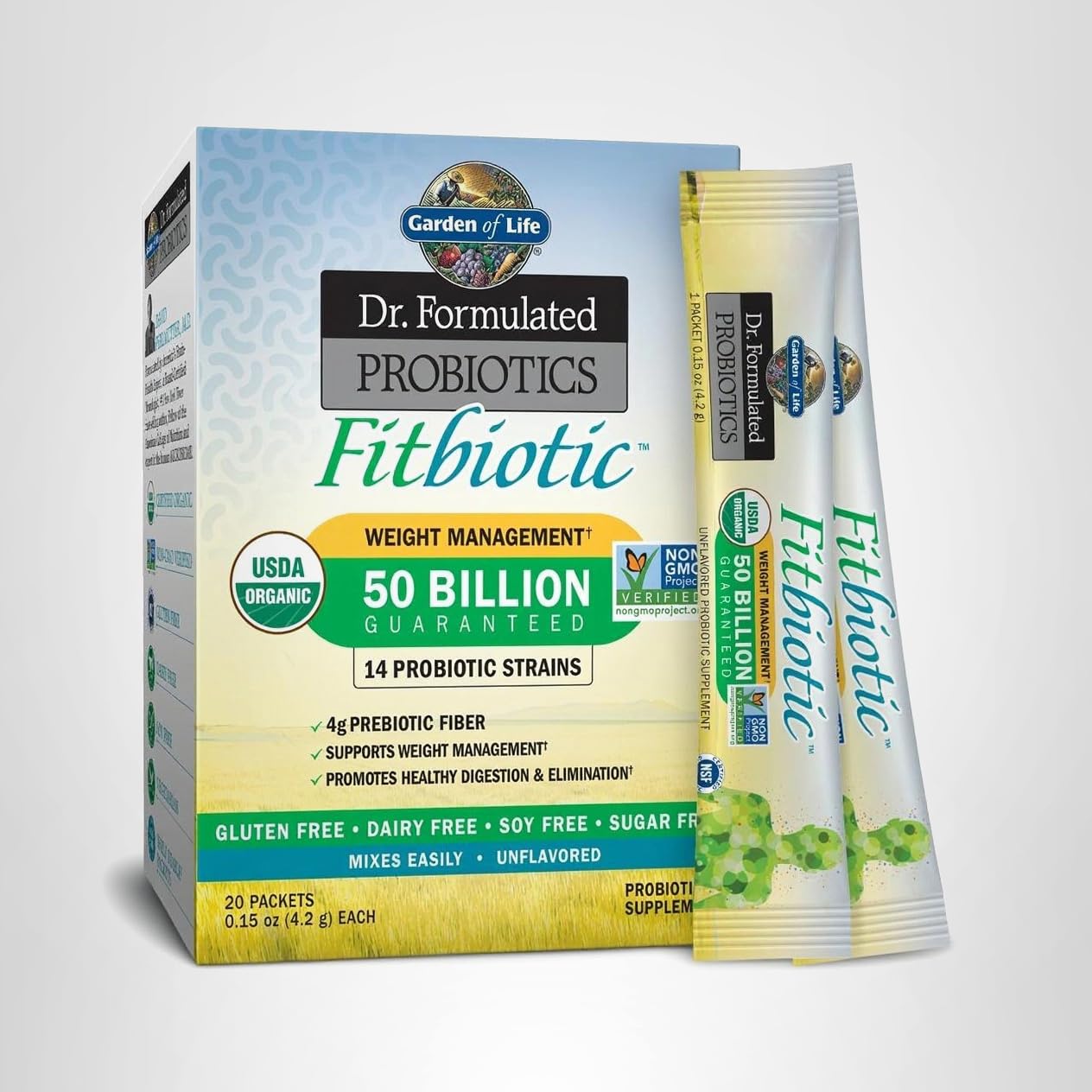 Garden of Life Dr. Formulated Probiotics Fitbiotic Weight Management Powder, 50 Billion CFU & Prebiotic Fiber, Organic & Non-GMO Digestive Gut Health Probiotic Supplement, 20 Single Serving Packets